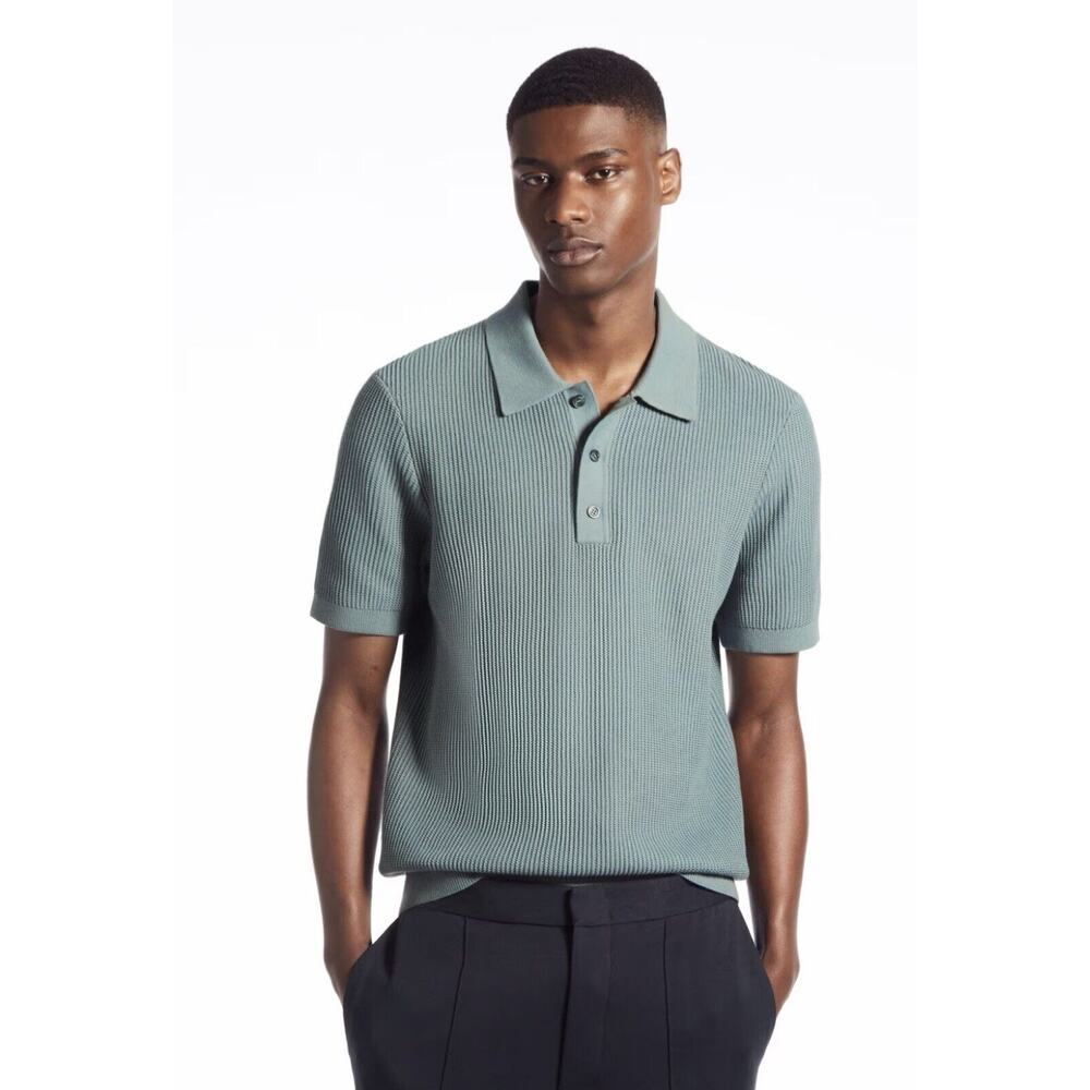 COS Small Textured Knitted Polo Shirt Color Blue 100% Cotton Size Small 1570